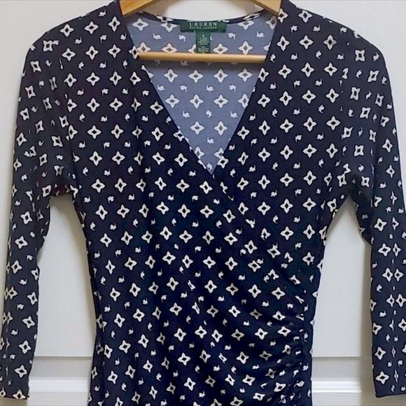 LAUREN RALPH LAUREN S Navy White Jersey Knit Ruched Faux Wrap Dress - Picture 3 of 7